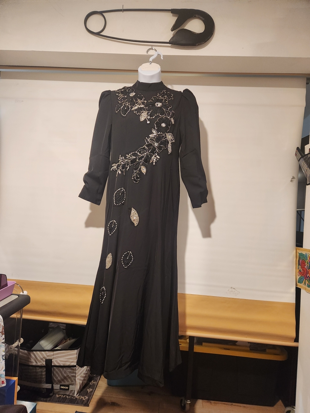 Dalia MacPhee Black Maxi Dress with Gold Floral Embroidery NWT